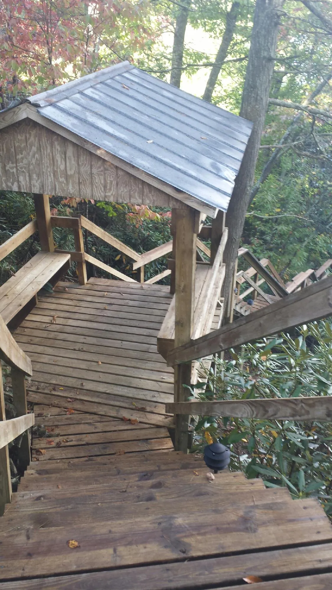 Metal roofed shelter over wooden steps on a wooded walkway — Skylight Repair & Installation work by our crew in Athelstane